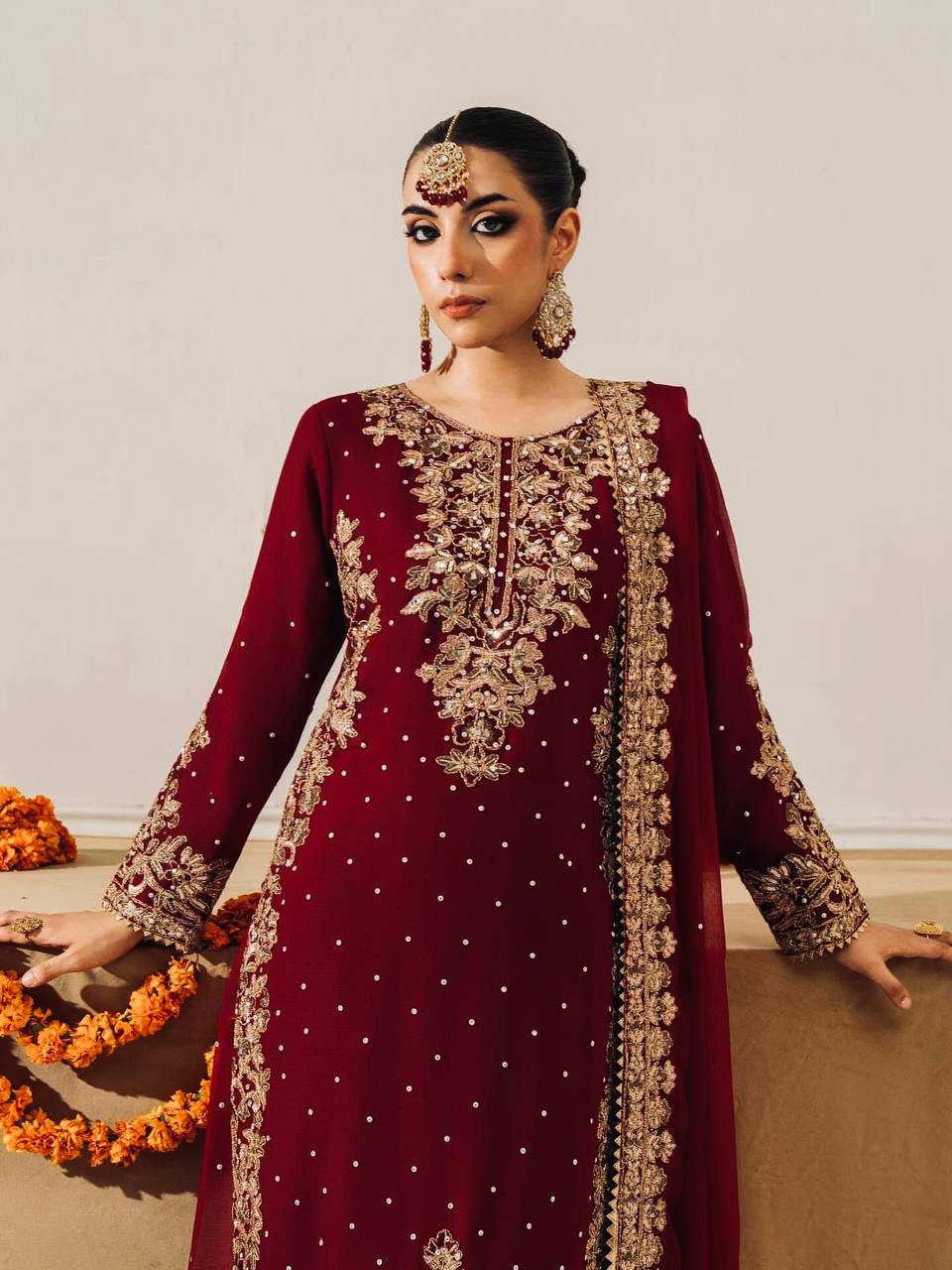 Maroon viscose velvet with top bottom and dupatta set