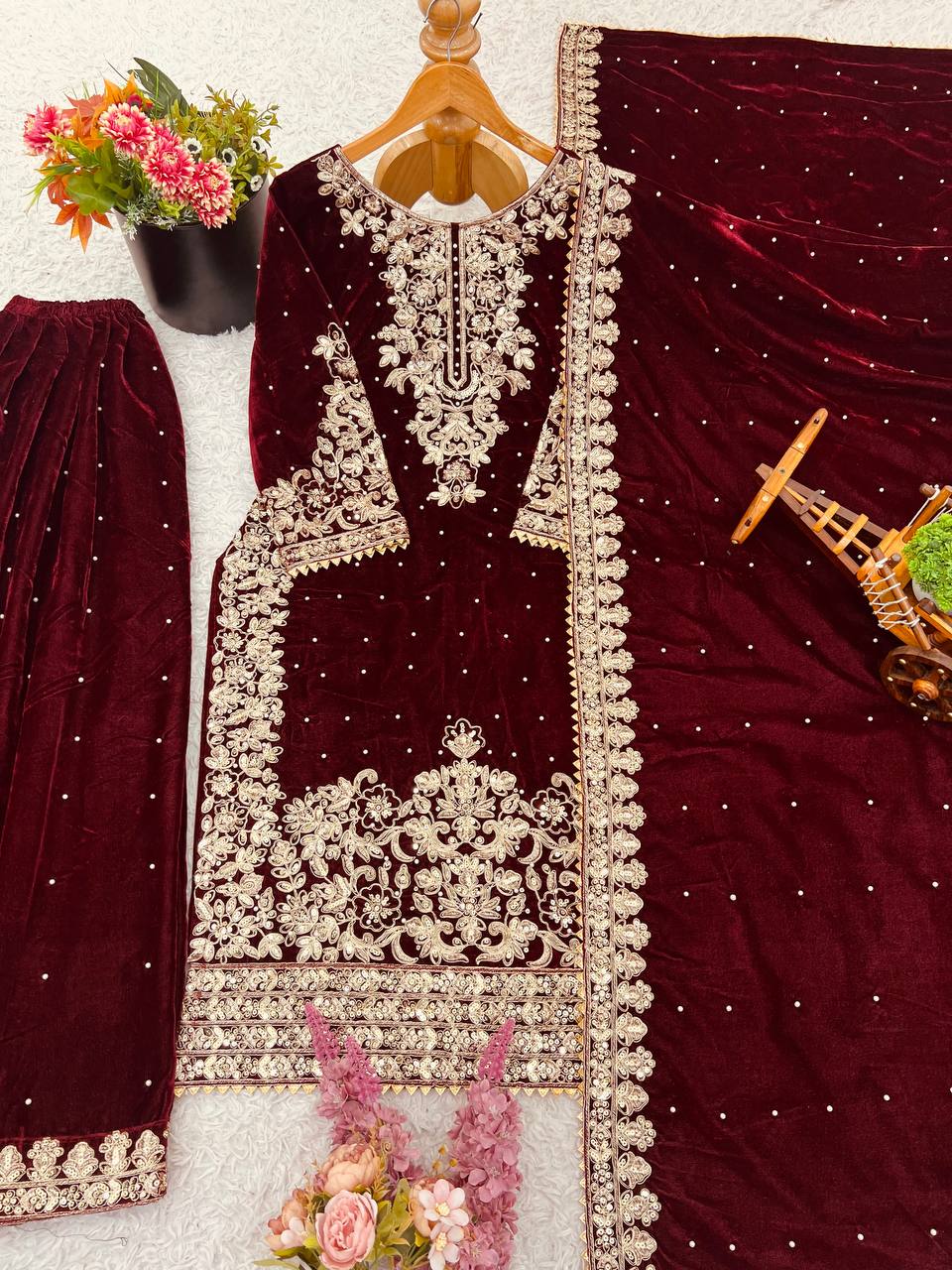 Maroon viscose velvet with top bottom and dupatta set