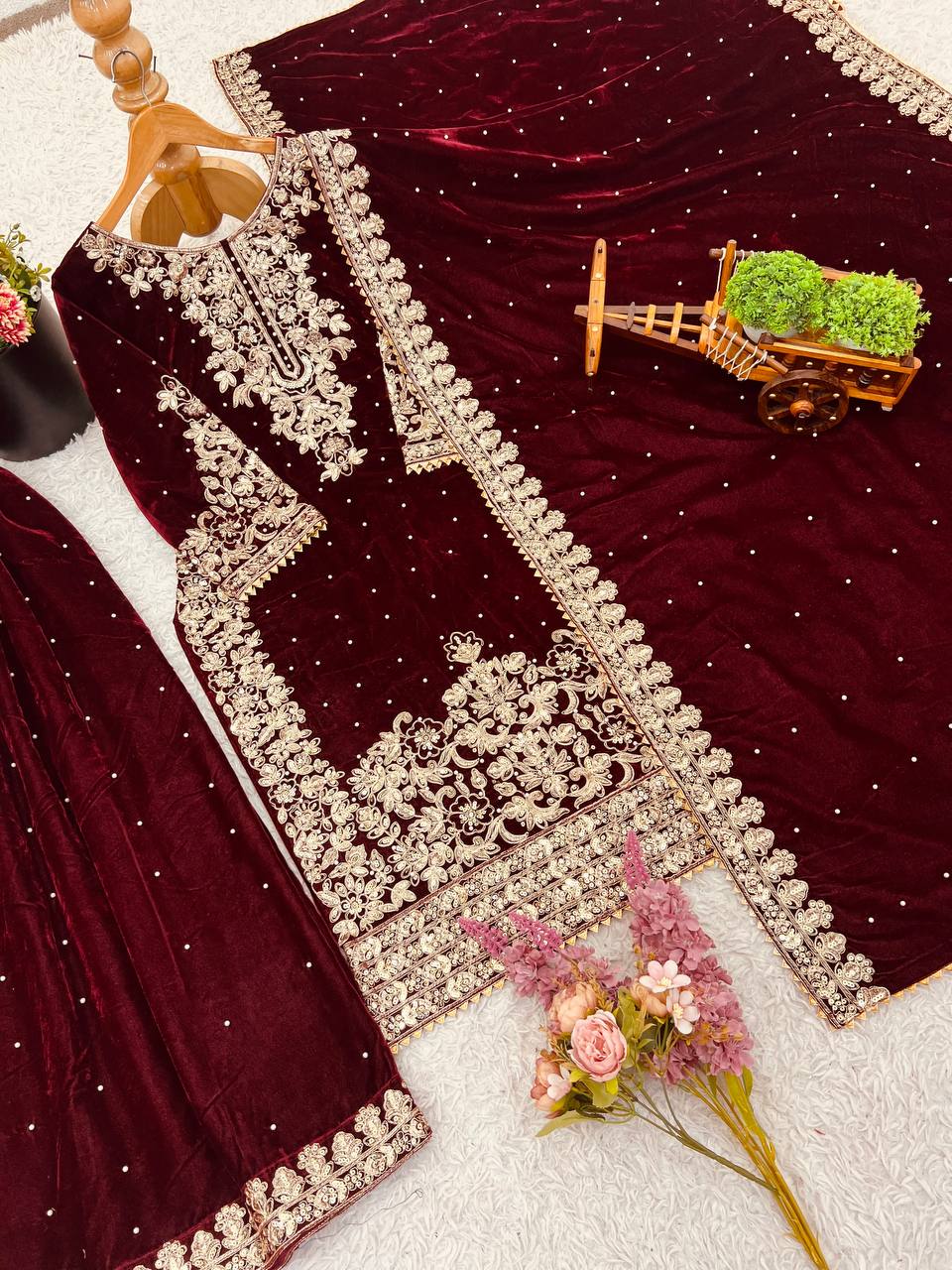 Maroon viscose velvet with top bottom and dupatta set