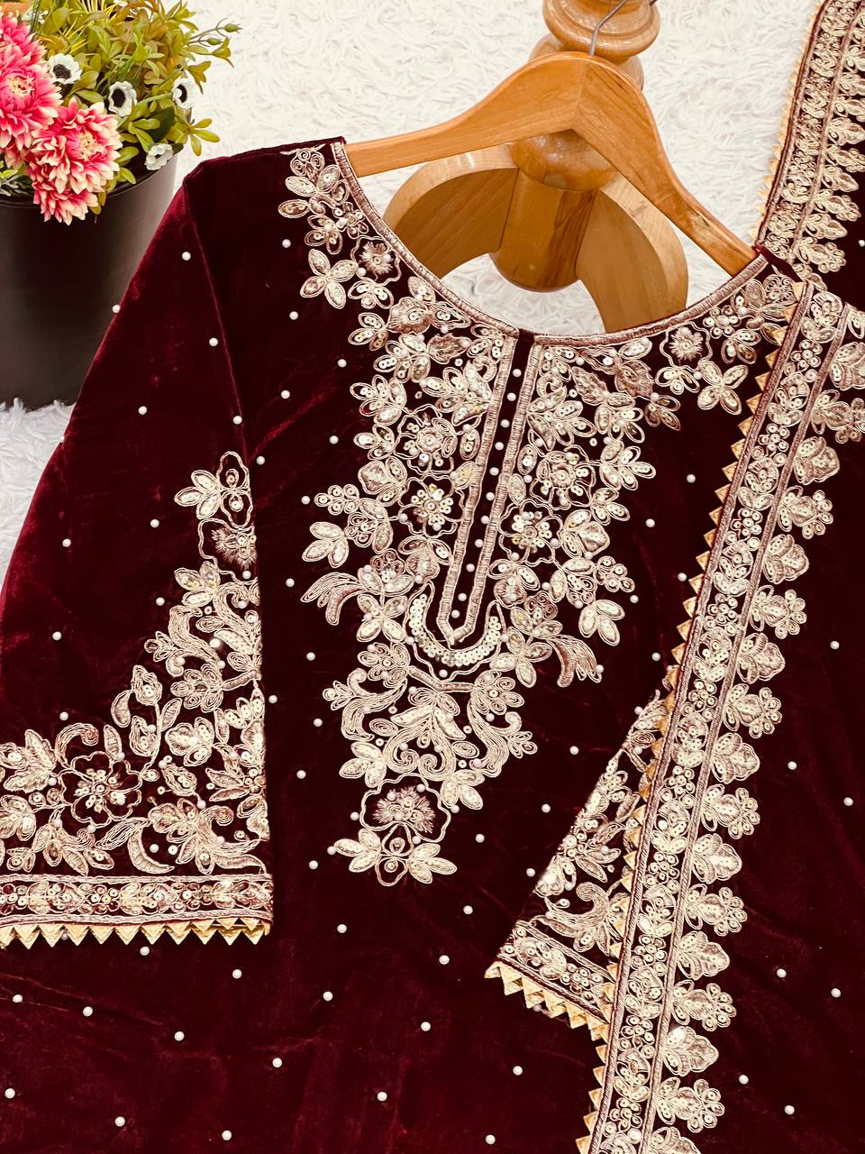 Maroon viscose velvet with top bottom and dupatta set