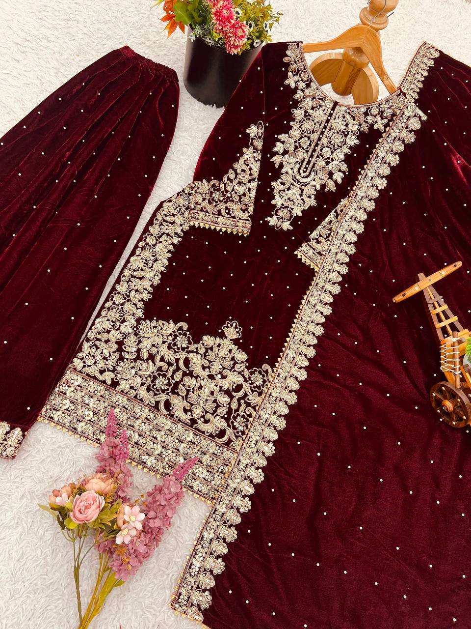 Maroon viscose velvet with top bottom and dupatta set
