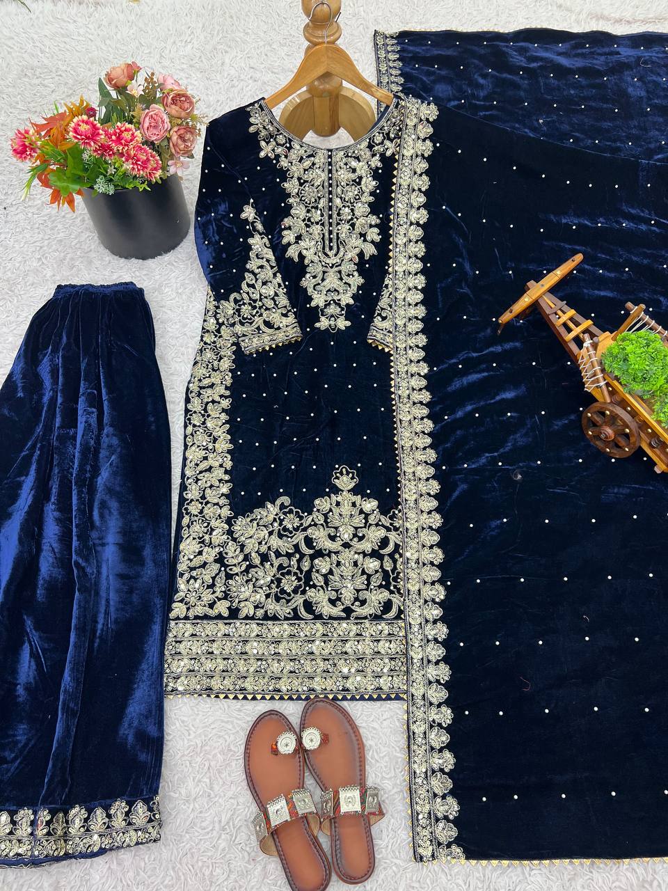 Navy Blue viscose velvet with top bottom and dupatta set