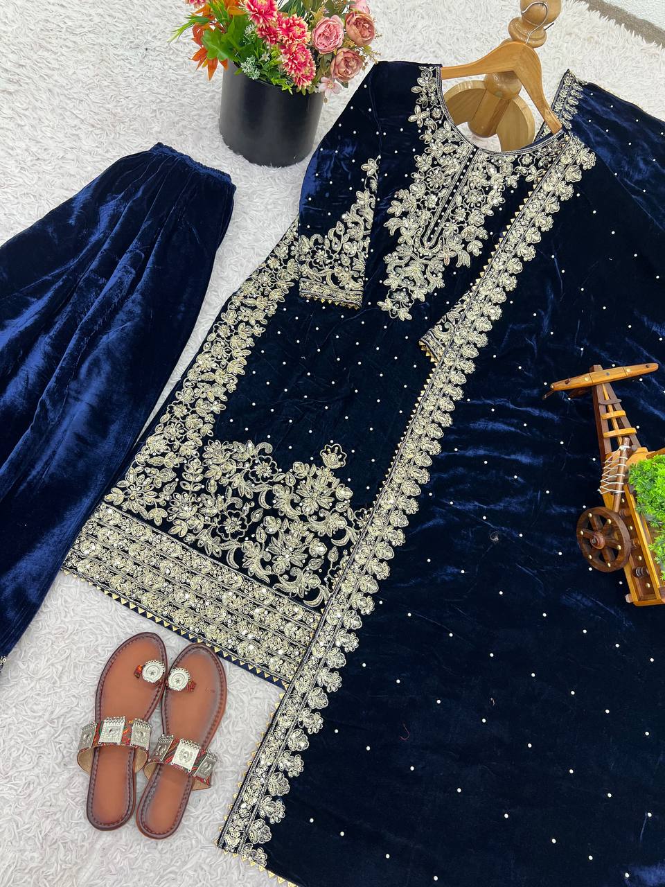 Navy Blue viscose velvet with top bottom and dupatta set
