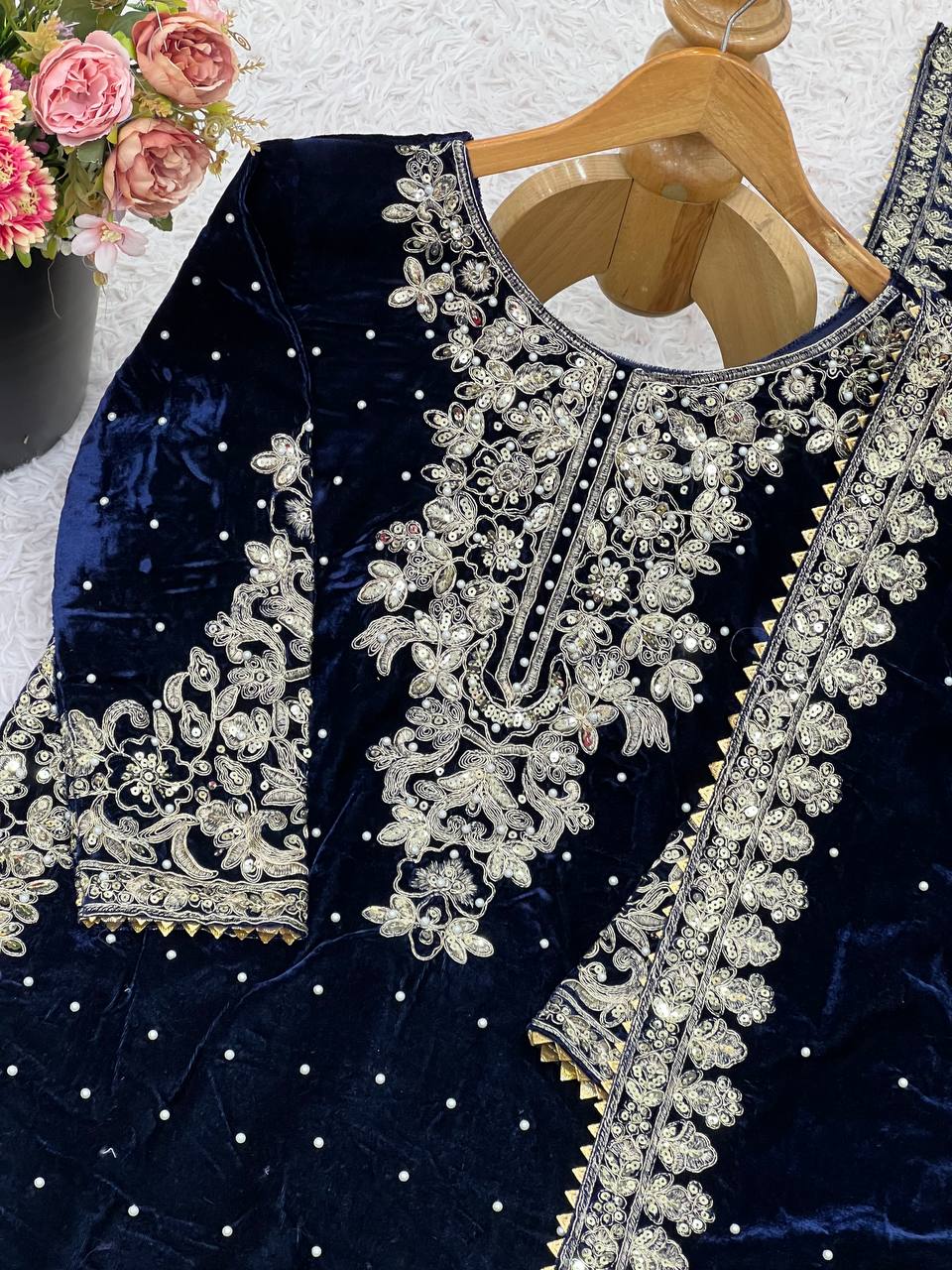 Navy Blue viscose velvet with top bottom and dupatta set