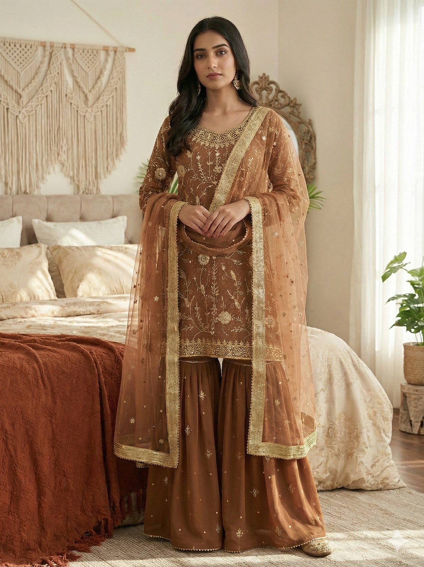 Brown Pure Heavy Georgette Fully Stitched Sharara Dress