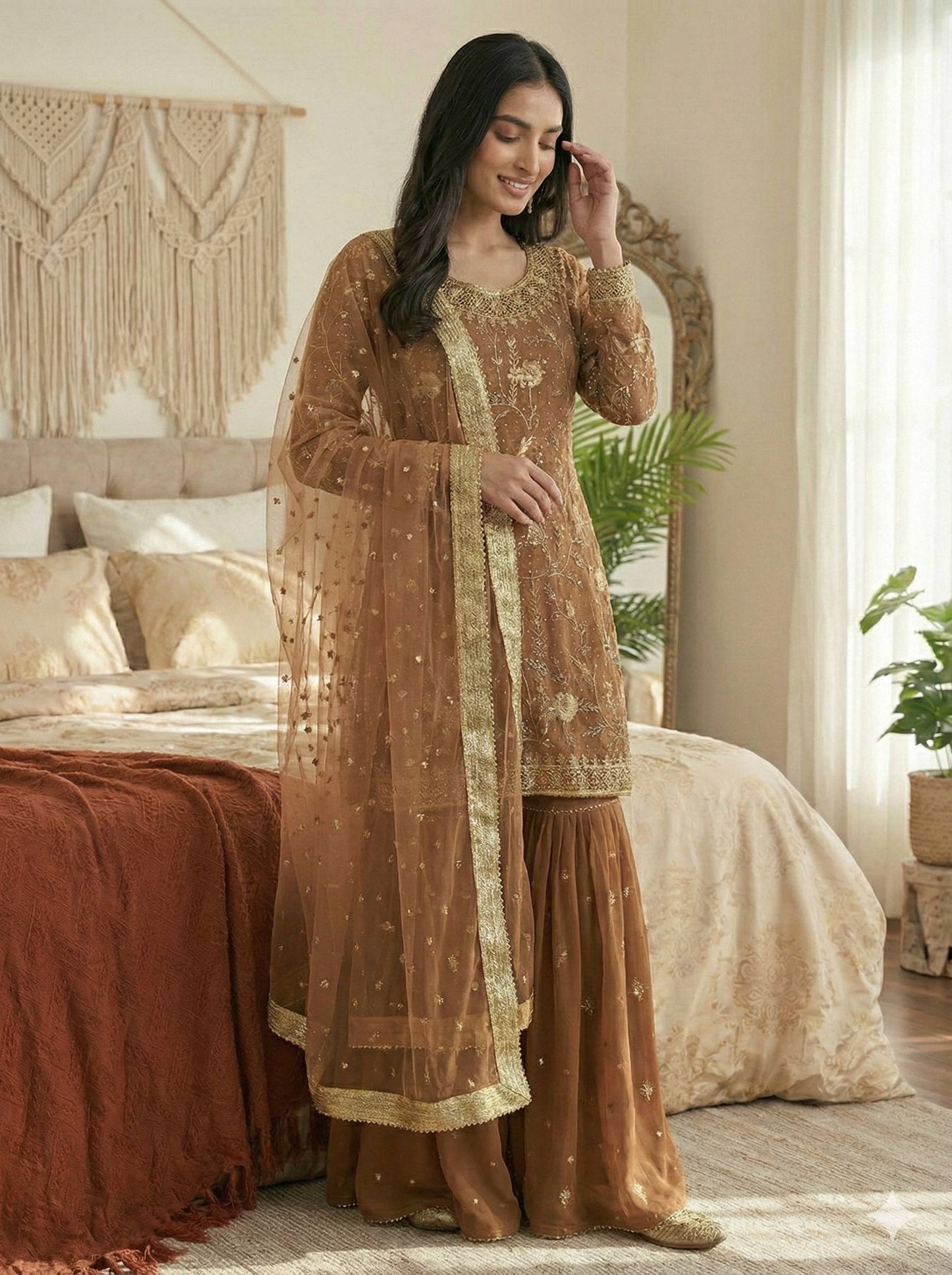Brown Pure Heavy Georgette Fully Stitched Sharara Dress