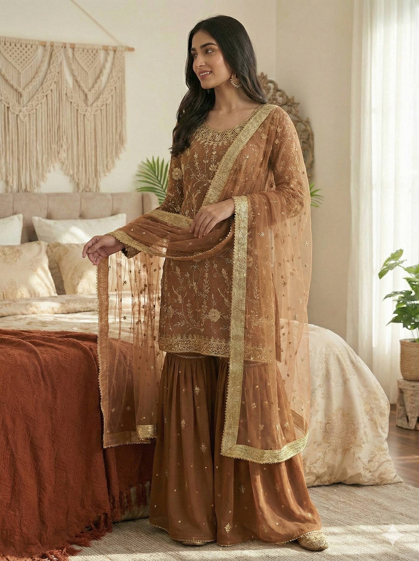 Brown Pure Heavy Georgette Fully Stitched Sharara Dress