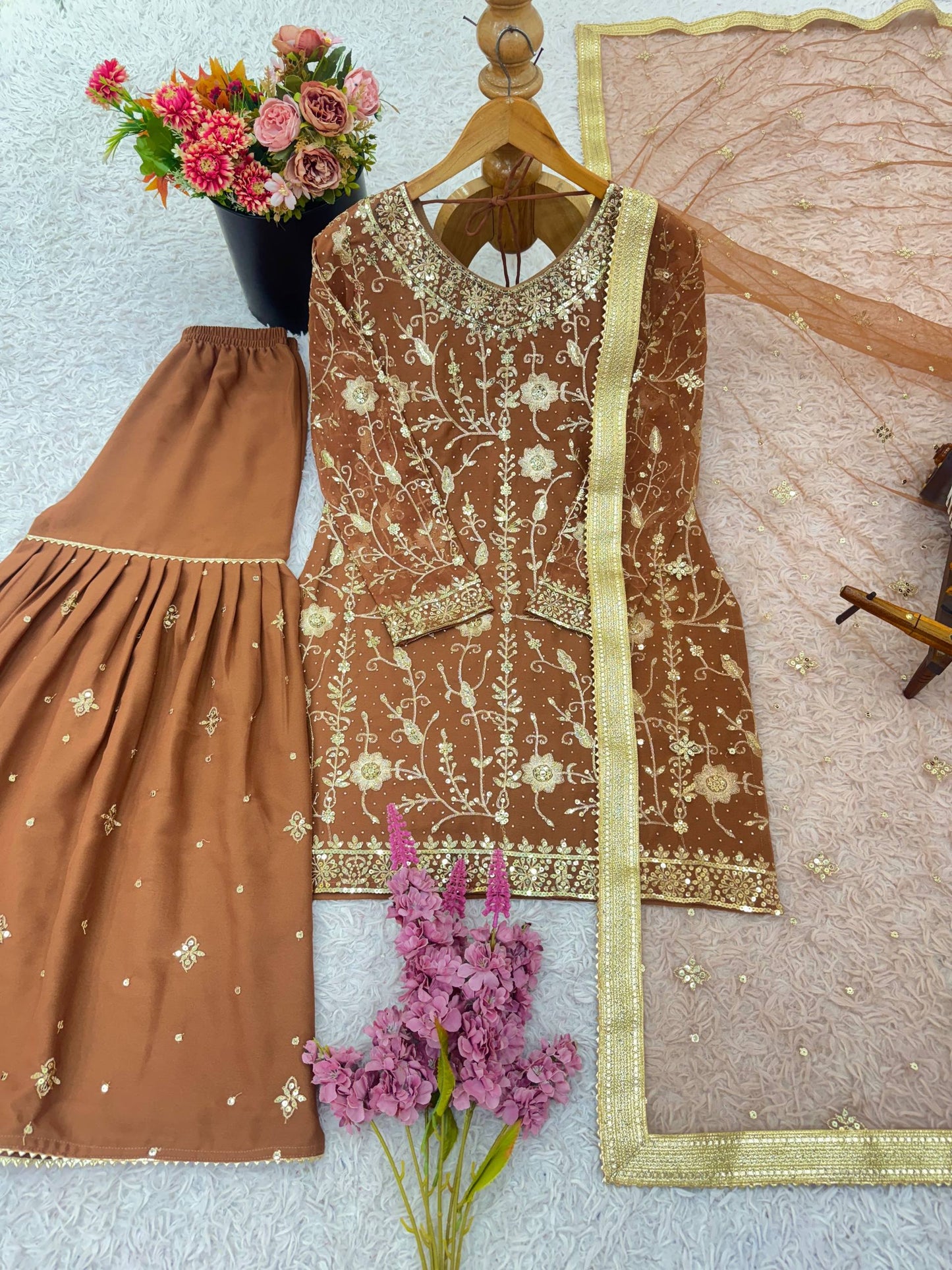 Brown Pure Heavy Georgette Fully Stitched Sharara Dress