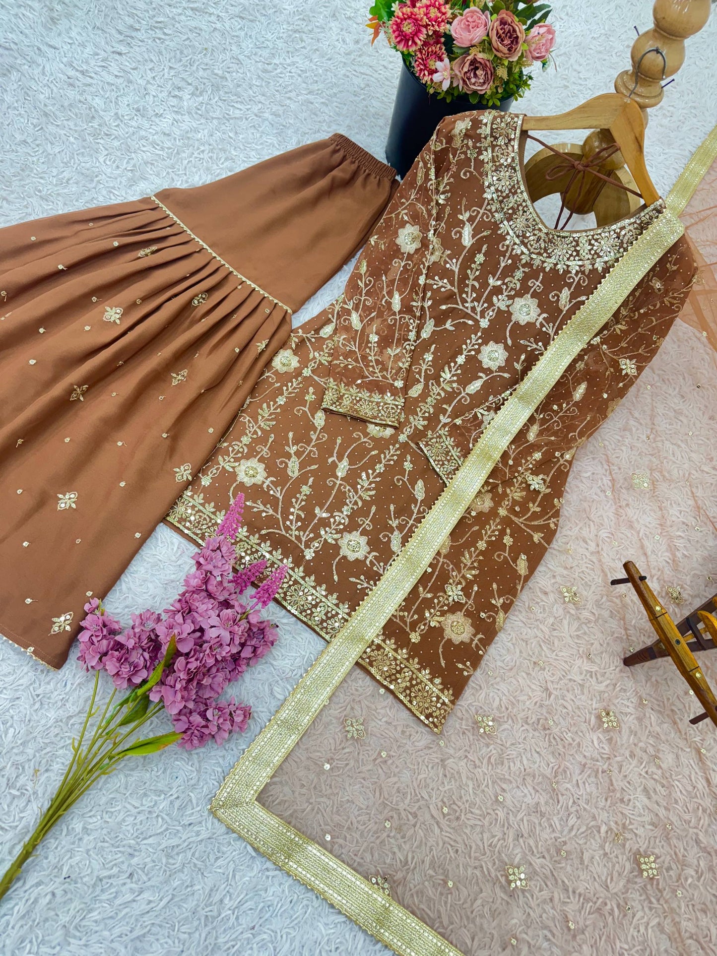 Brown Pure Heavy Georgette Fully Stitched Sharara Dress