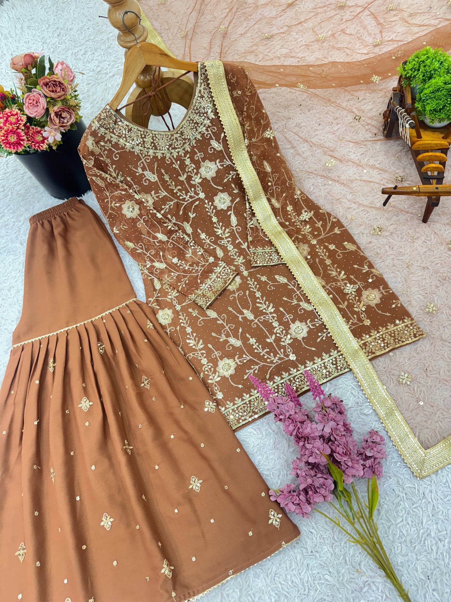 Brown Pure Heavy Georgette Fully Stitched Sharara Dress