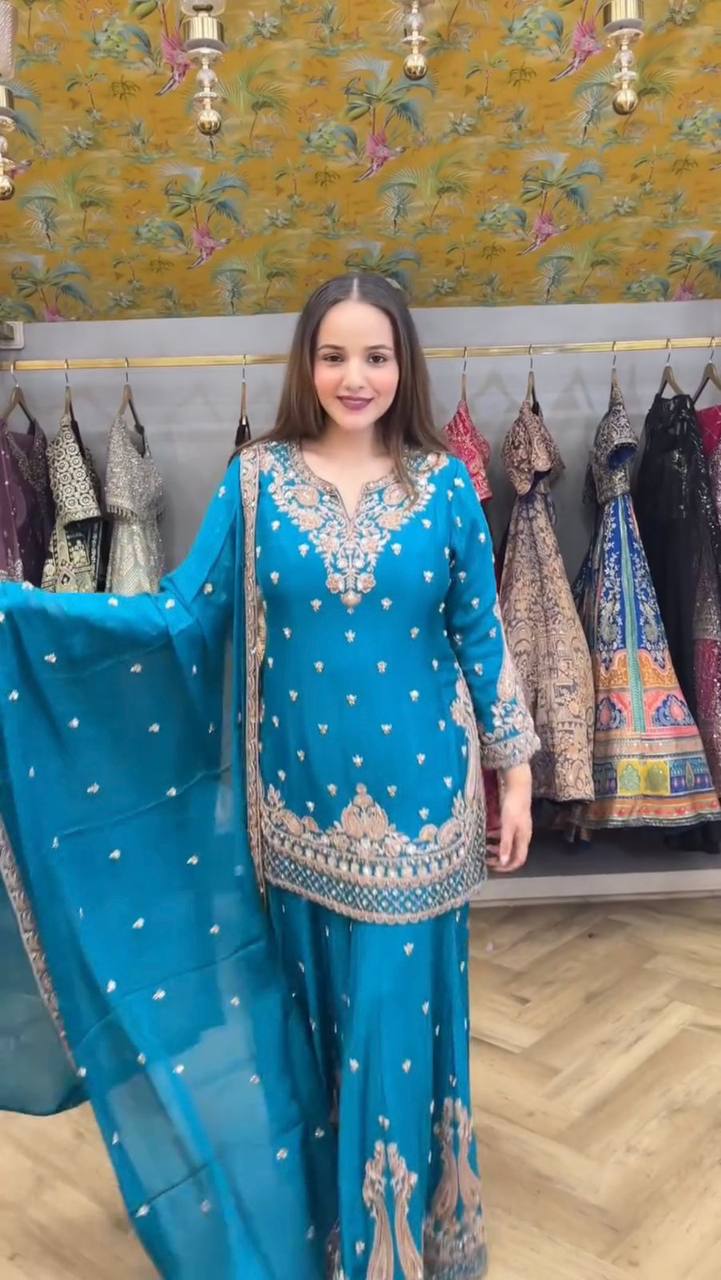 Elegant Sequin Embroidered Three Piece Plazzo Pair Women Festive Wear