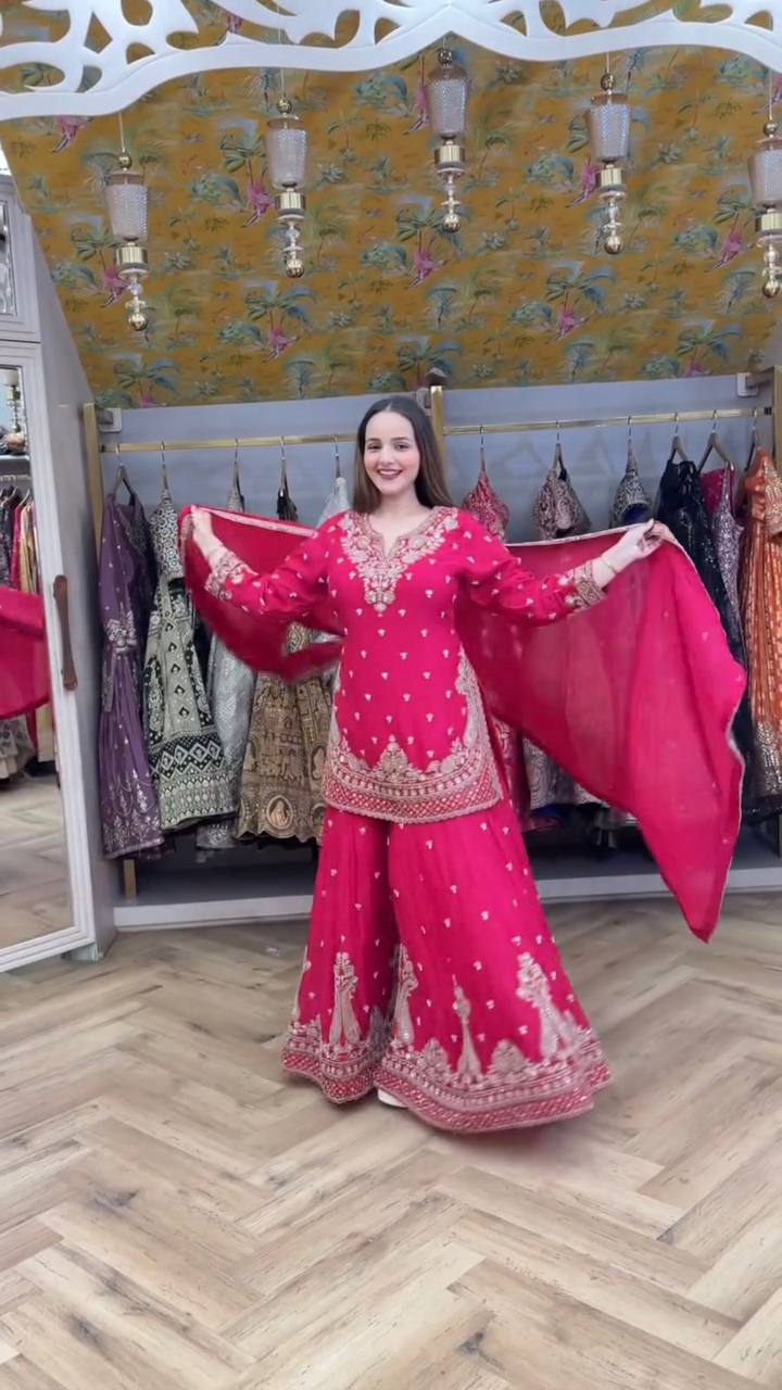 Elegant Sequin Embroidered Three Piece Plazzo Pair Women Festive Wear