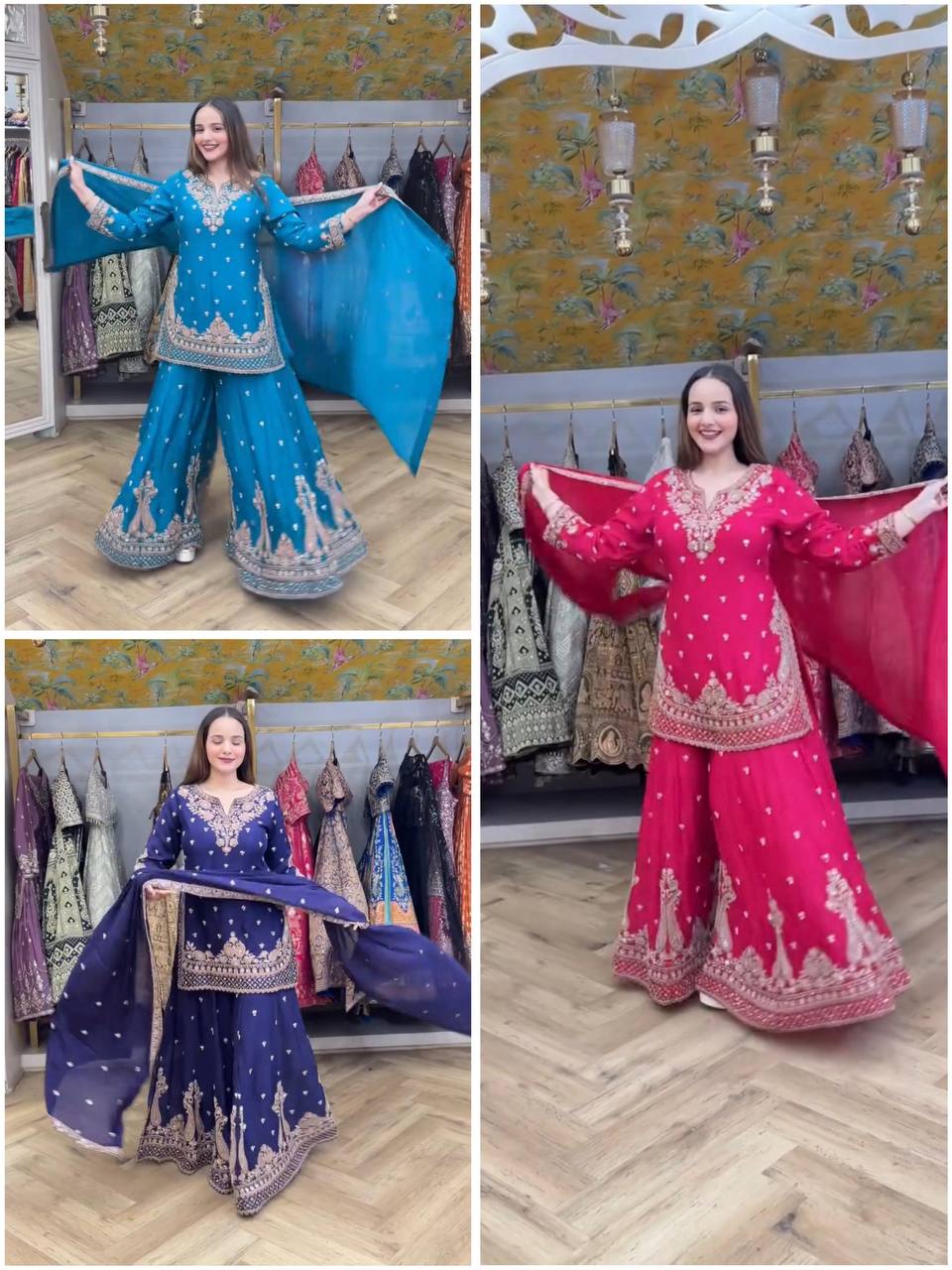 Elegant Sequin Embroidered Three Piece Plazzo Pair Women Festive Wear