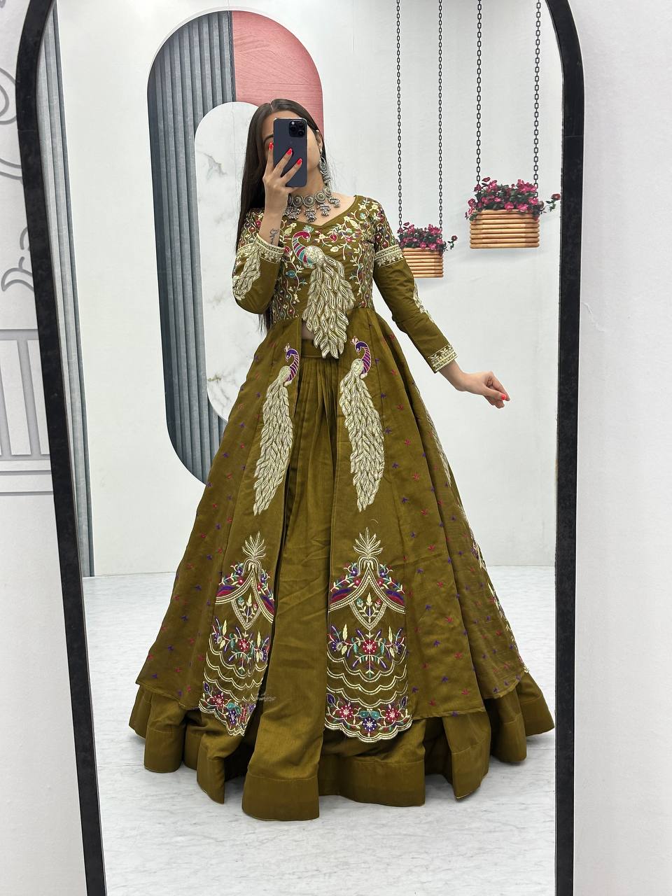 Mehndi pure vichitra thread and sequence work lehenga set