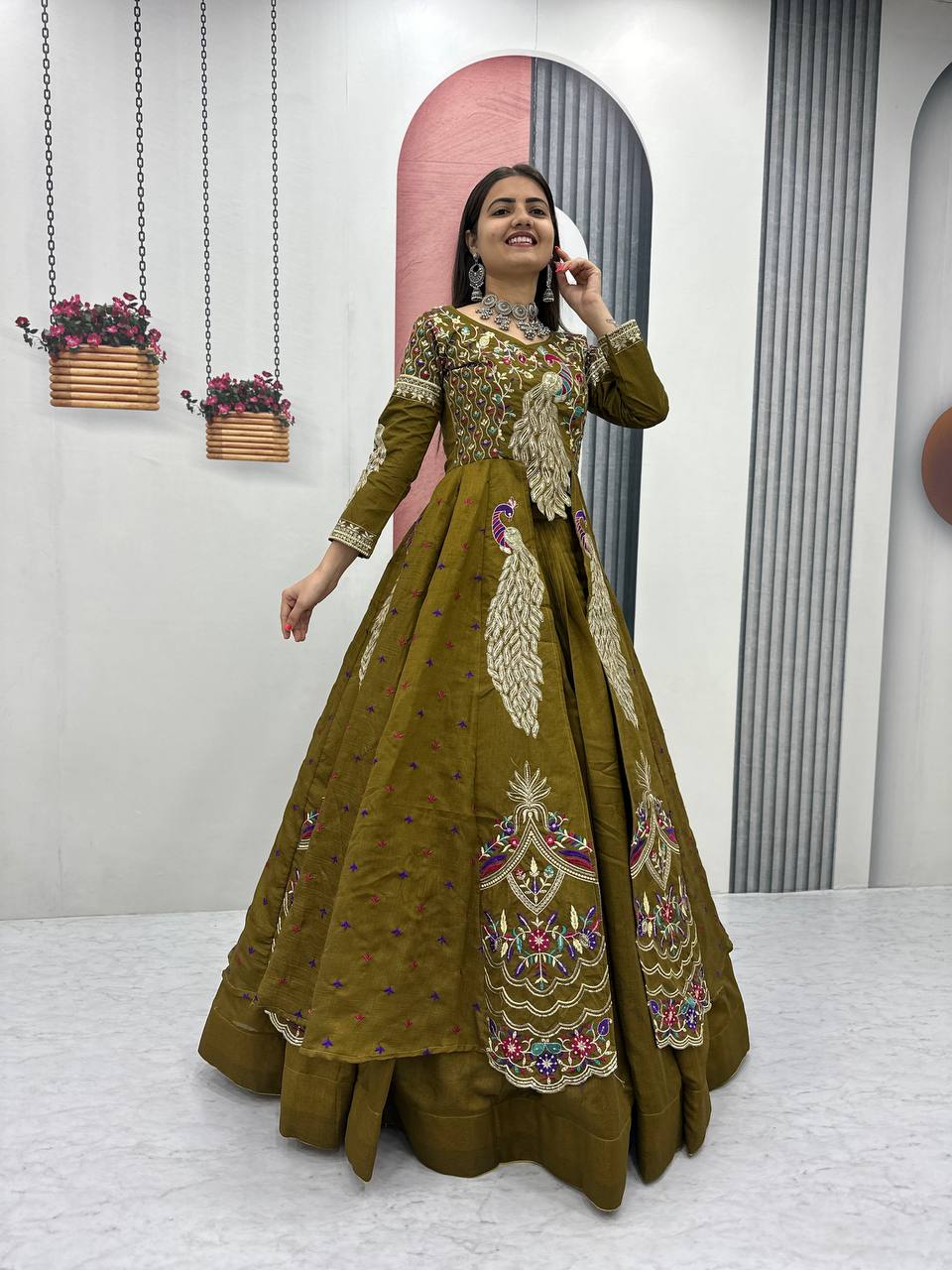 Mehndi pure vichitra thread and sequence work lehenga set