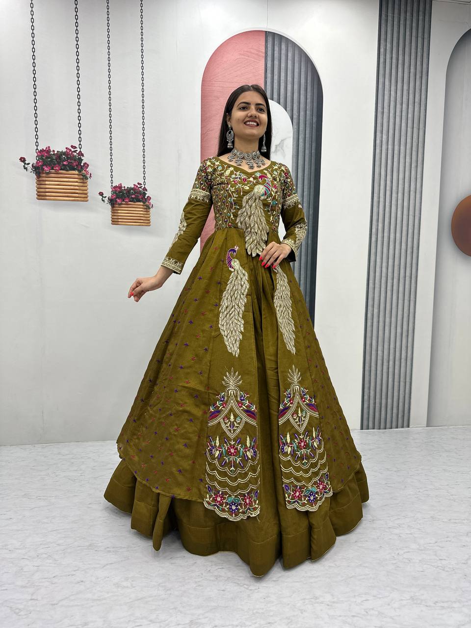 Mehndi pure vichitra thread and sequence work lehenga set