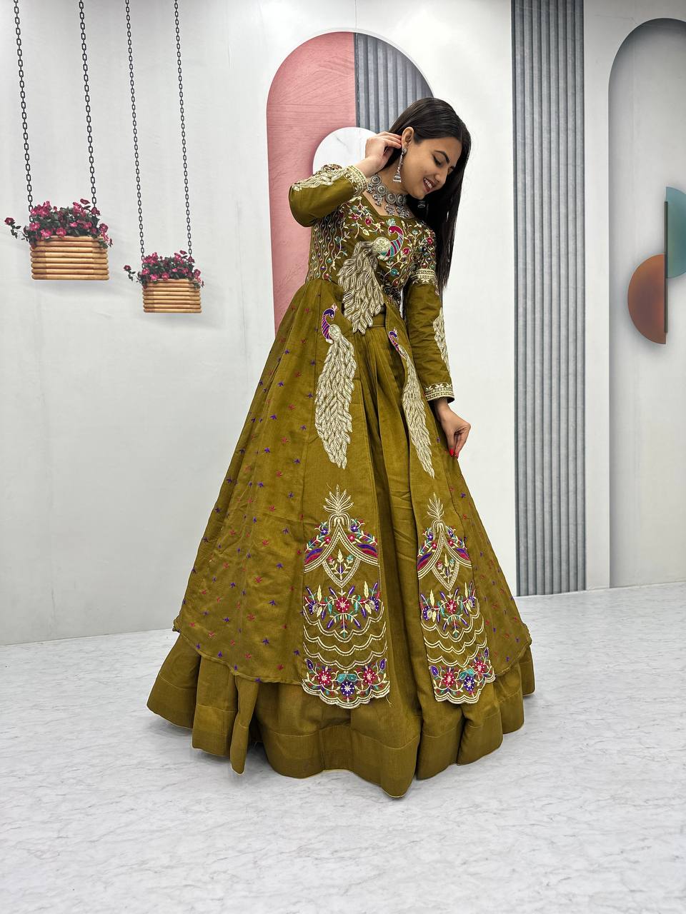 Mehndi pure vichitra thread and sequence work lehenga set