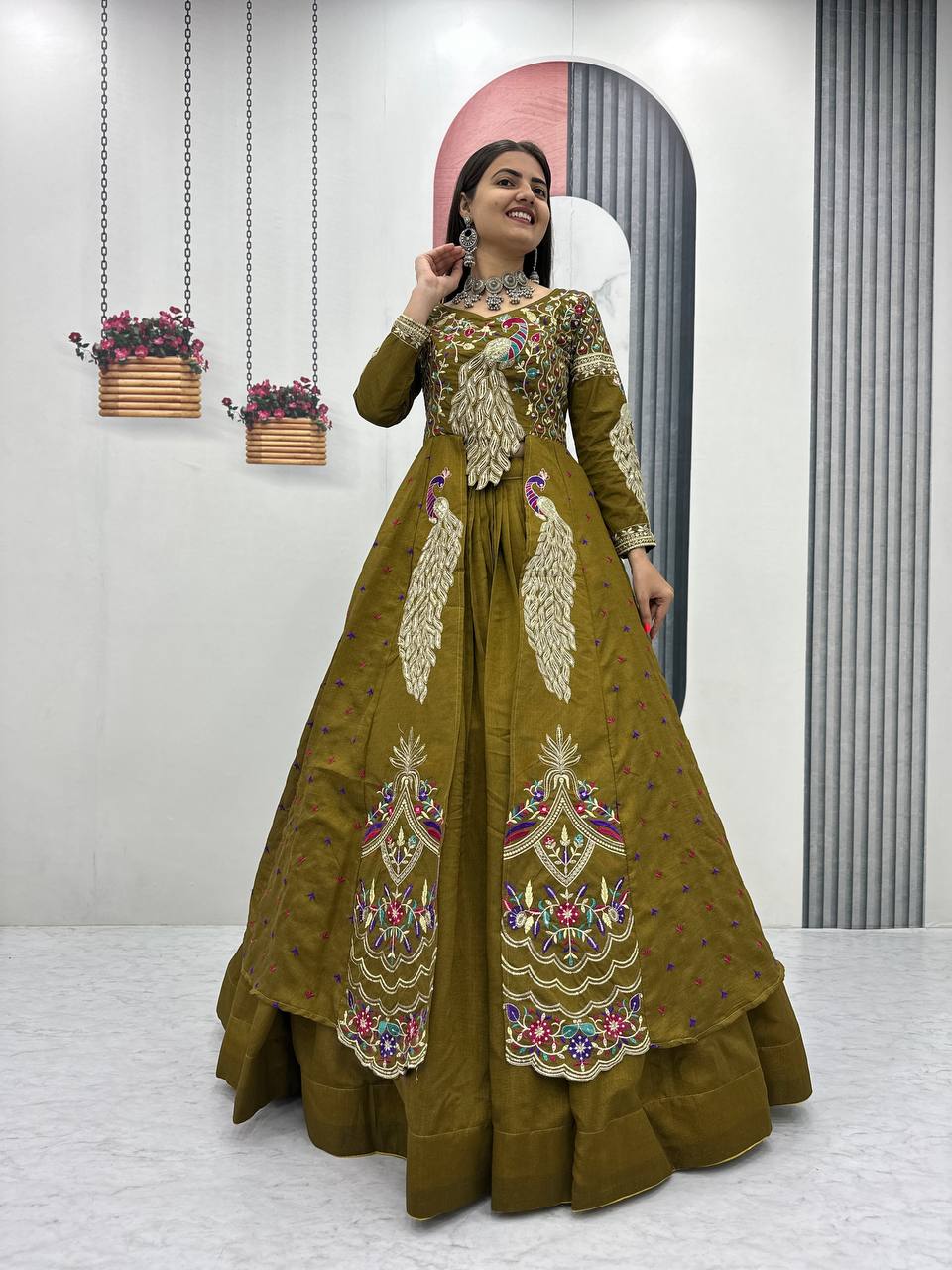 Mehndi pure vichitra thread and sequence work lehenga set