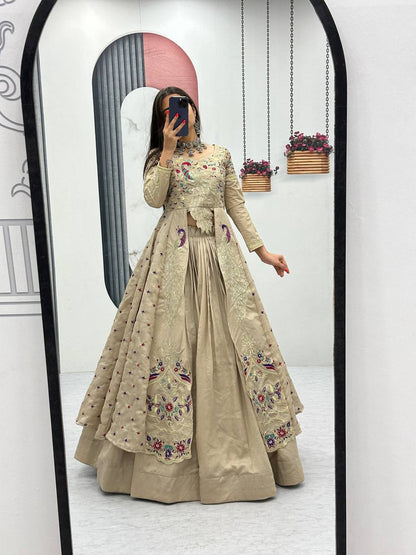 Beige pure vichitra thread and sequence work lehenga set