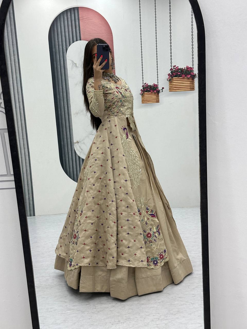 Beige pure vichitra thread and sequence work lehenga set
