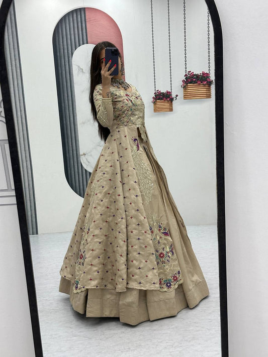 Beige pure vichitra thread and sequence work lehenga set