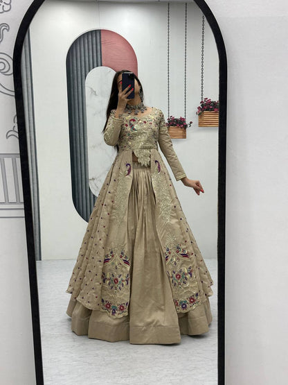 Beige pure vichitra thread and sequence work lehenga set