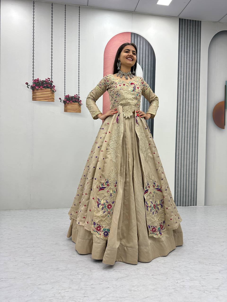 Beige pure vichitra thread and sequence work lehenga set