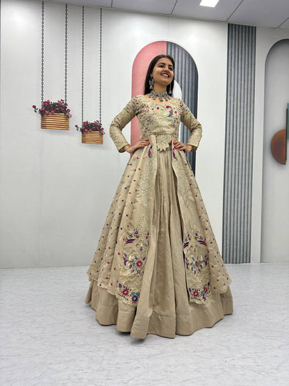 Beige pure vichitra thread and sequence work lehenga set