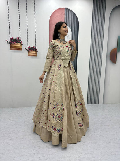 Beige pure vichitra thread and sequence work lehenga set