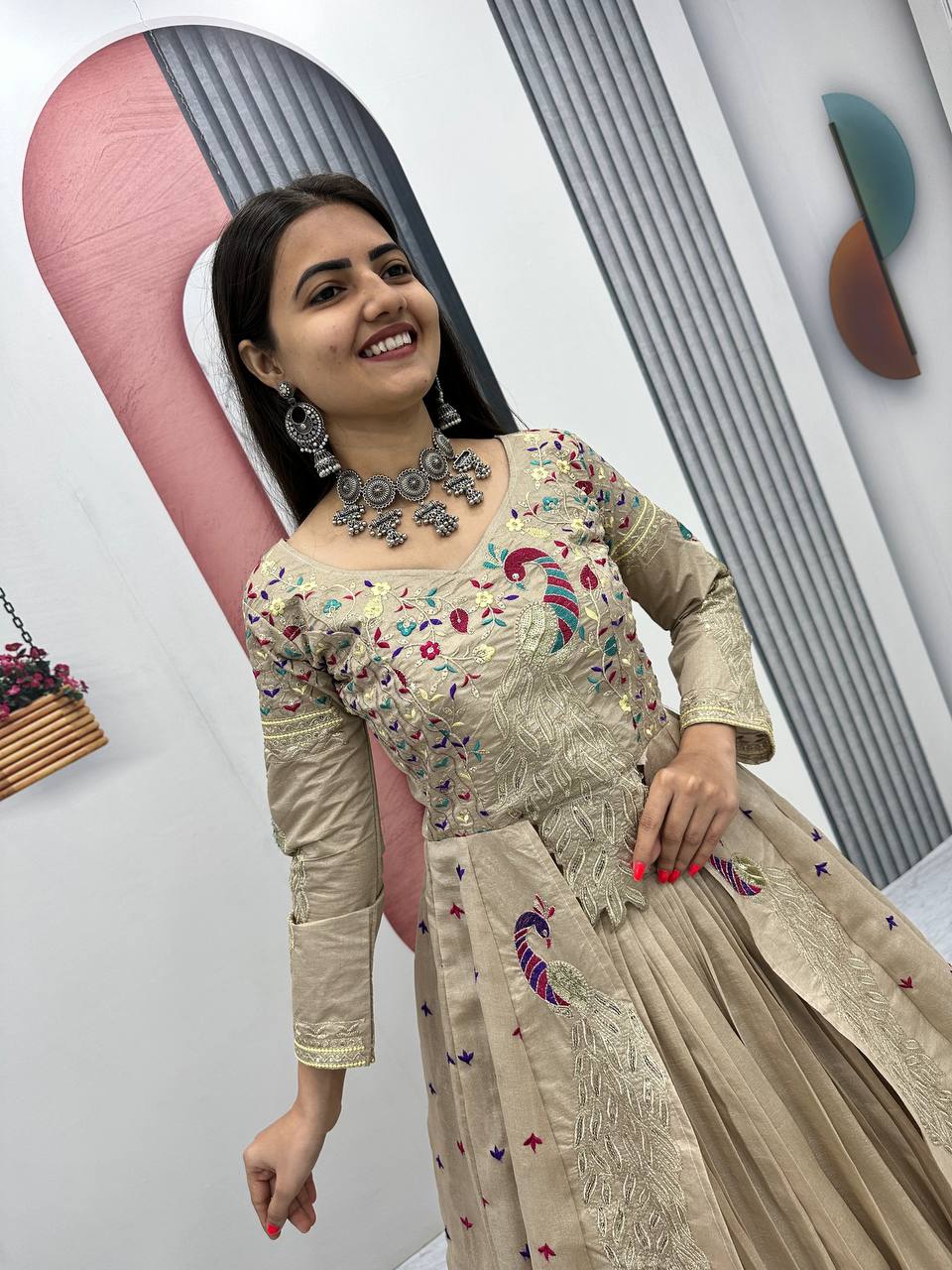 Beige pure vichitra thread and sequence work lehenga set