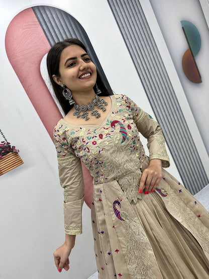 Beige pure vichitra thread and sequence work lehenga set