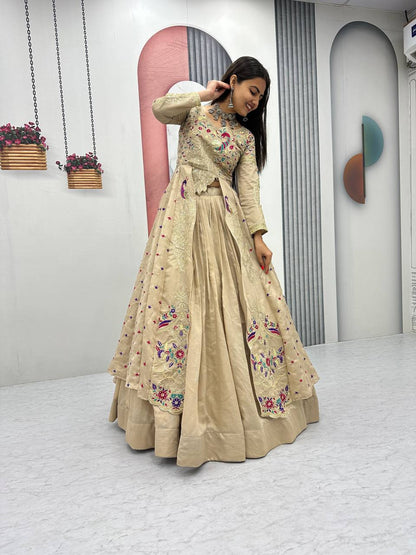 Beige pure vichitra thread and sequence work lehenga set