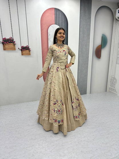 Beige pure vichitra thread and sequence work lehenga set
