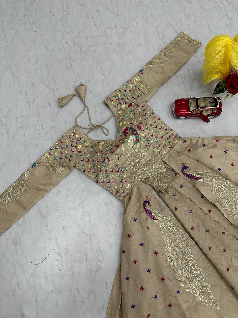 Beige pure vichitra thread and sequence work lehenga set