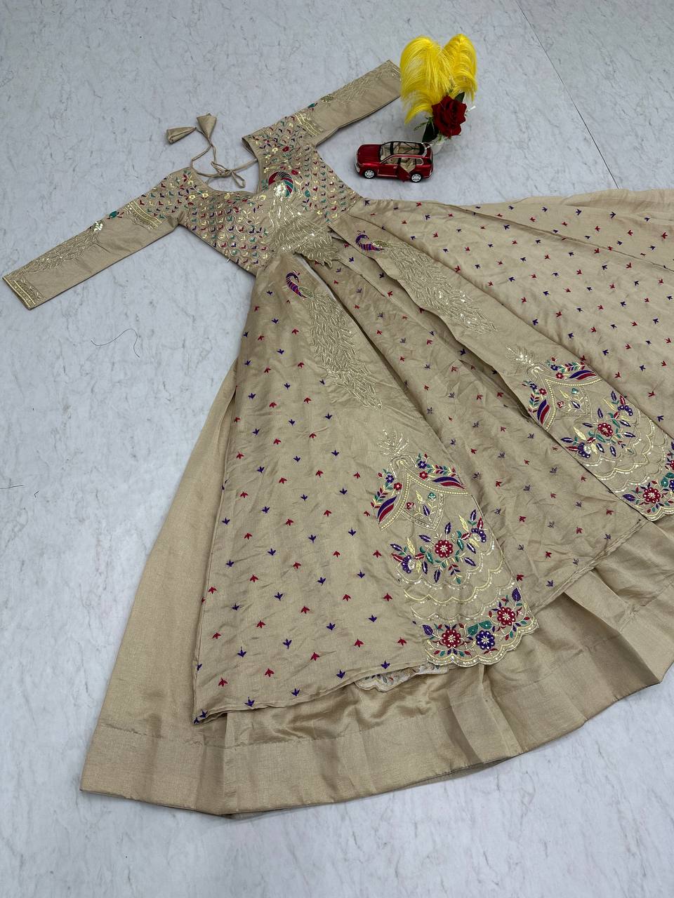 Beige pure vichitra thread and sequence work lehenga set