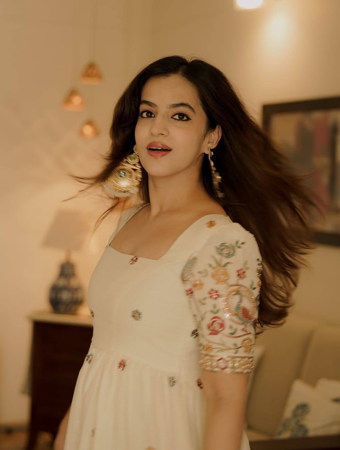 Ivory roman silk embroidery work anarkali gown