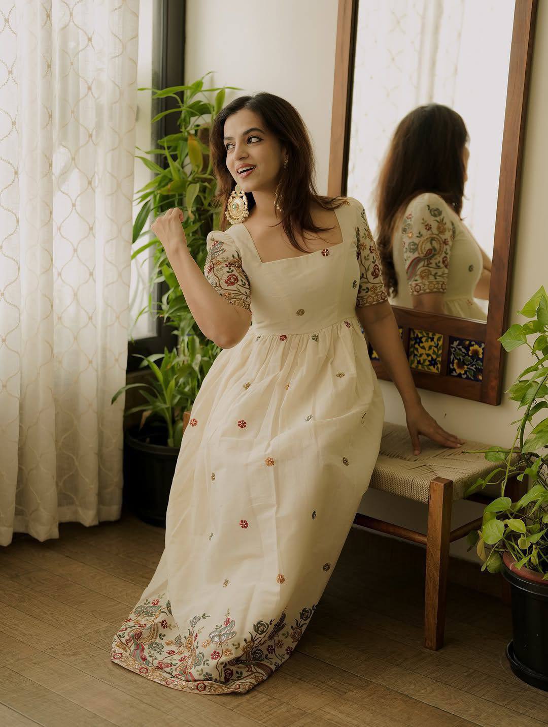 Ivory roman silk embroidery work anarkali gown