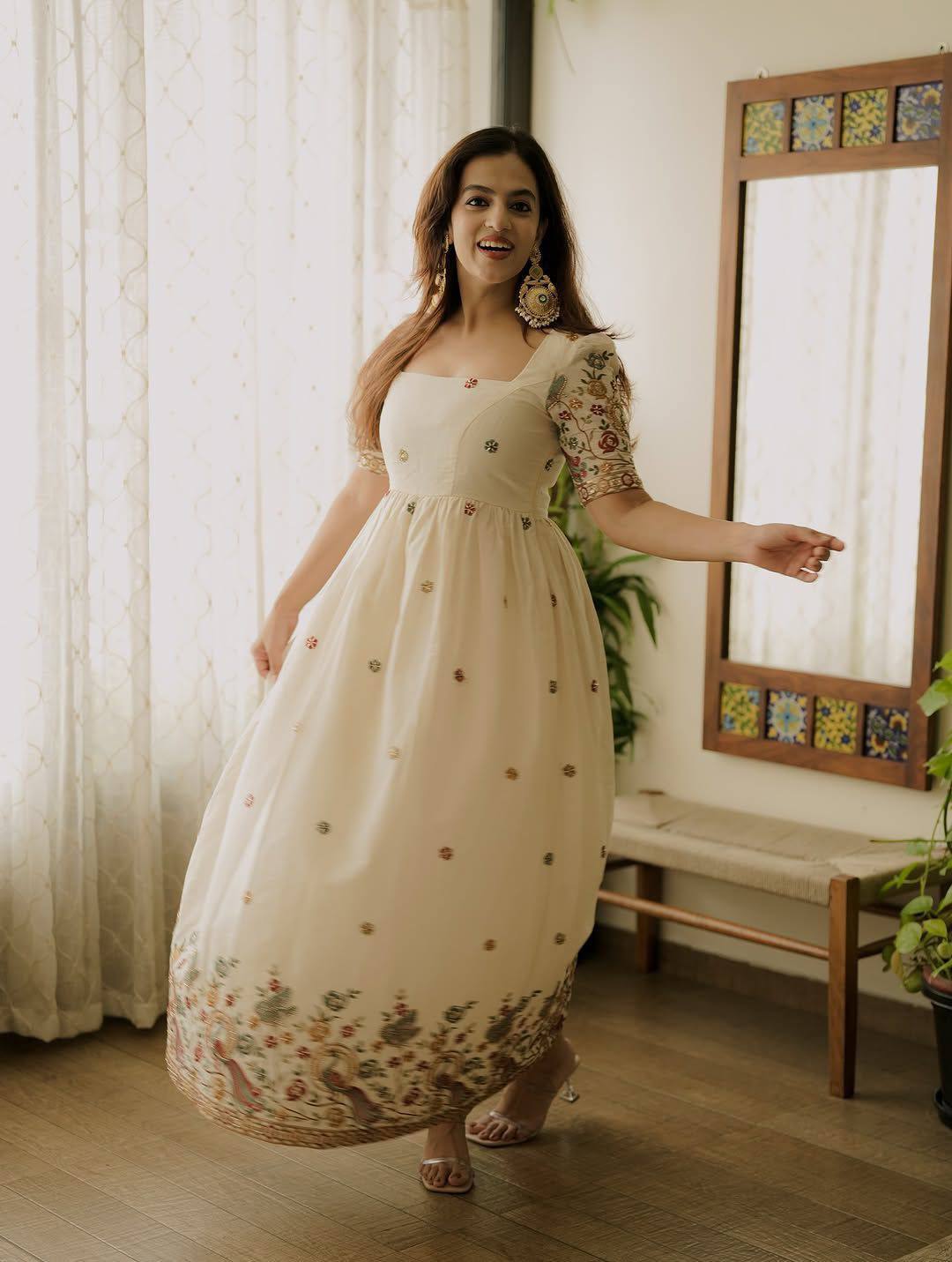 Ivory roman silk embroidery work anarkali gown