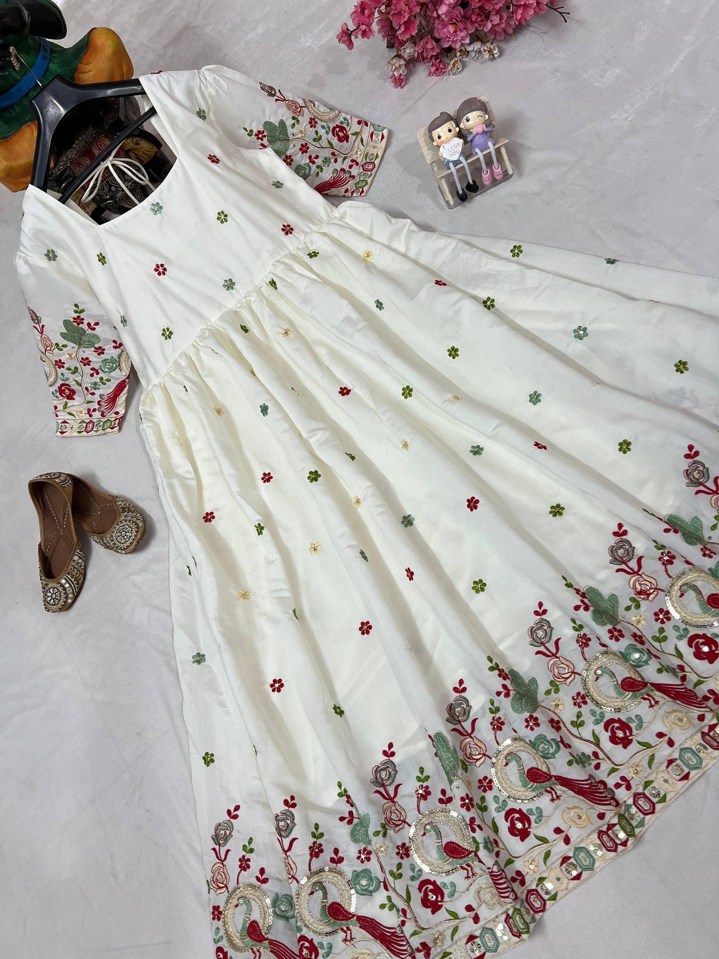 Ivory roman silk embroidery work anarkali gown