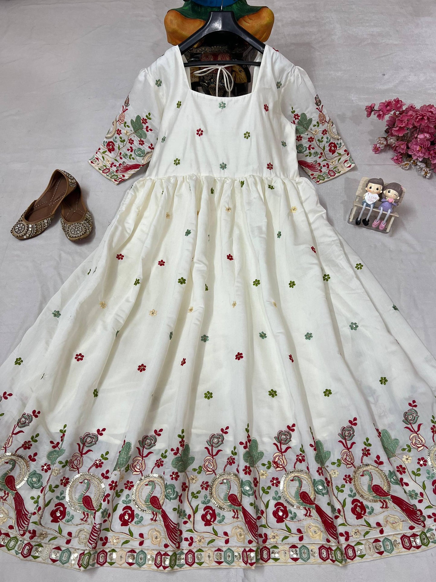 Ivory roman silk embroidery work anarkali gown