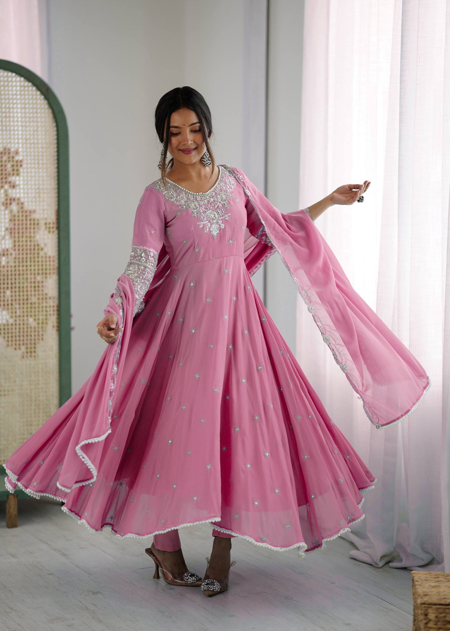 Pink heavy blooming faux embroidered anarkali three piece set