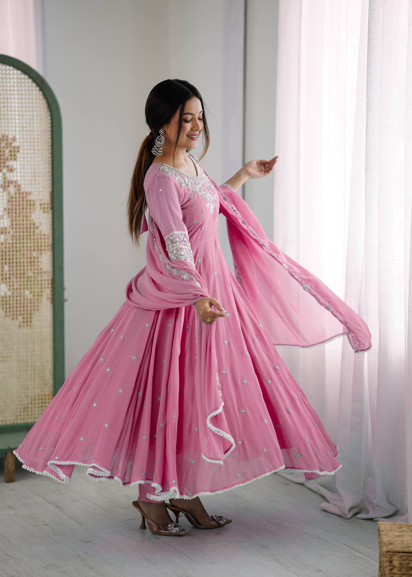 Pink heavy blooming faux embroidered anarkali three piece set
