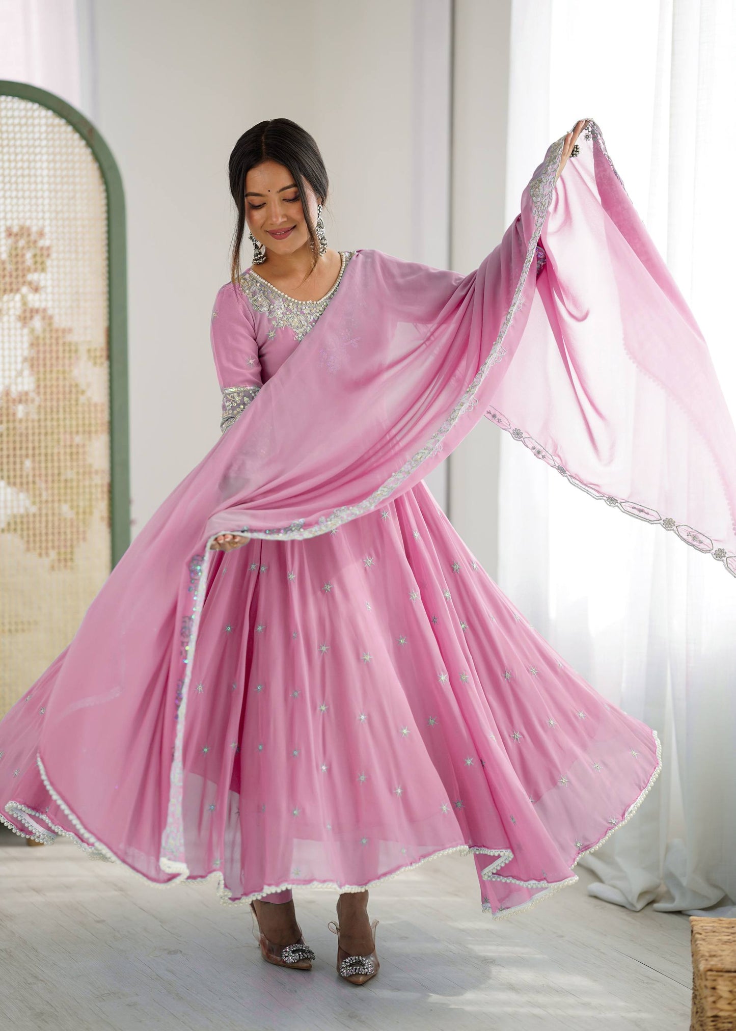 Pink heavy blooming faux embroidered anarkali three piece set