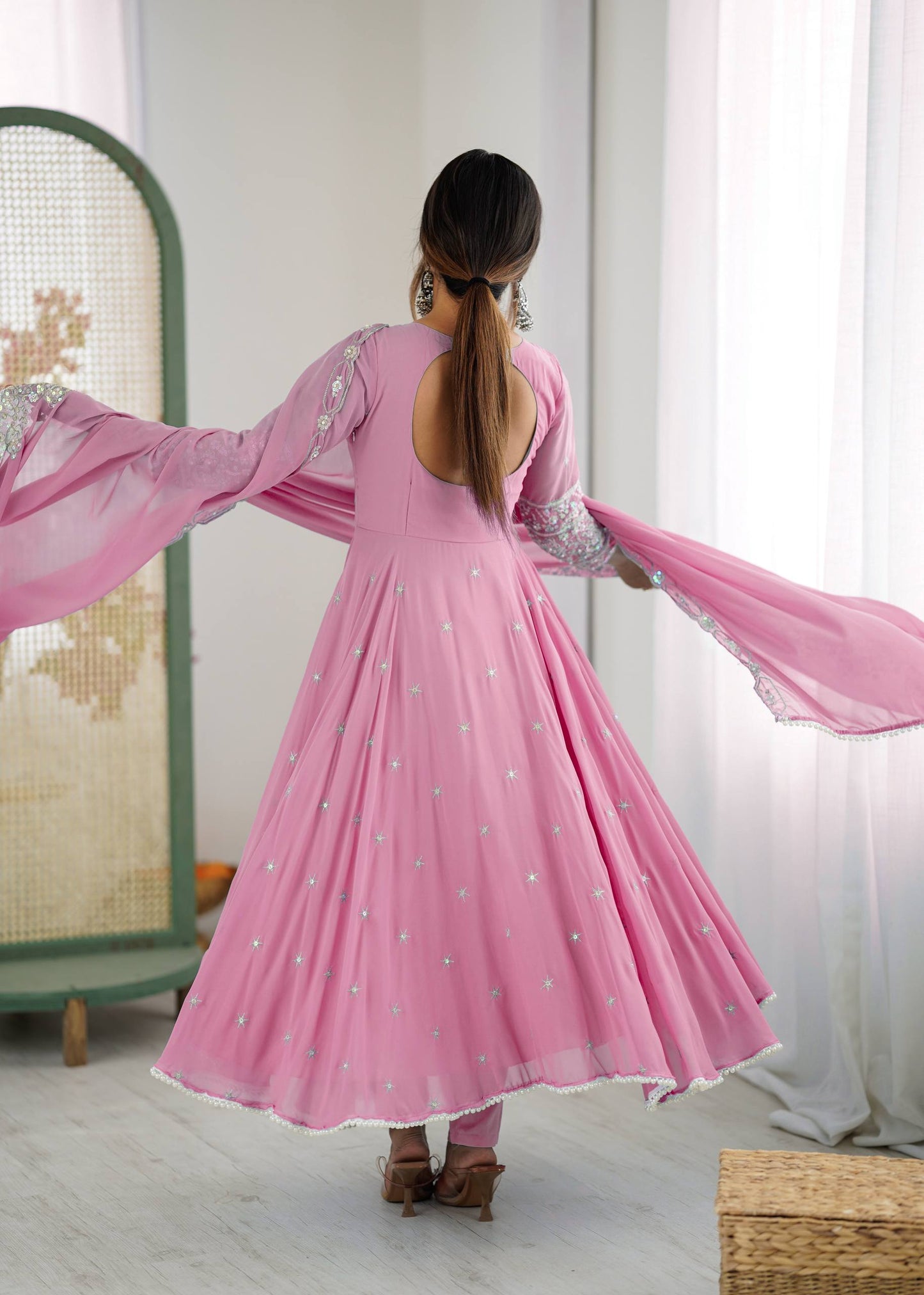 Pink heavy blooming faux embroidered anarkali three piece set