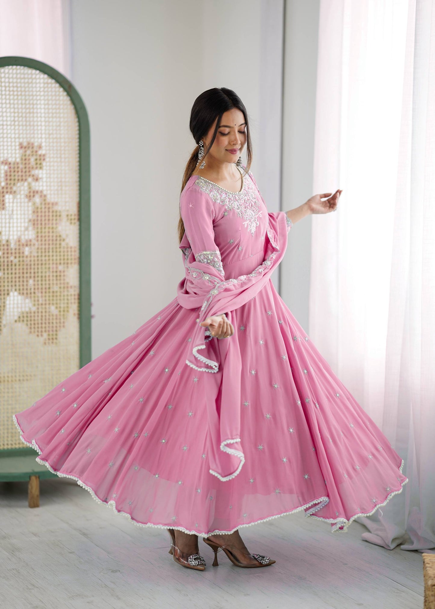 Pink heavy blooming faux embroidered anarkali three piece set