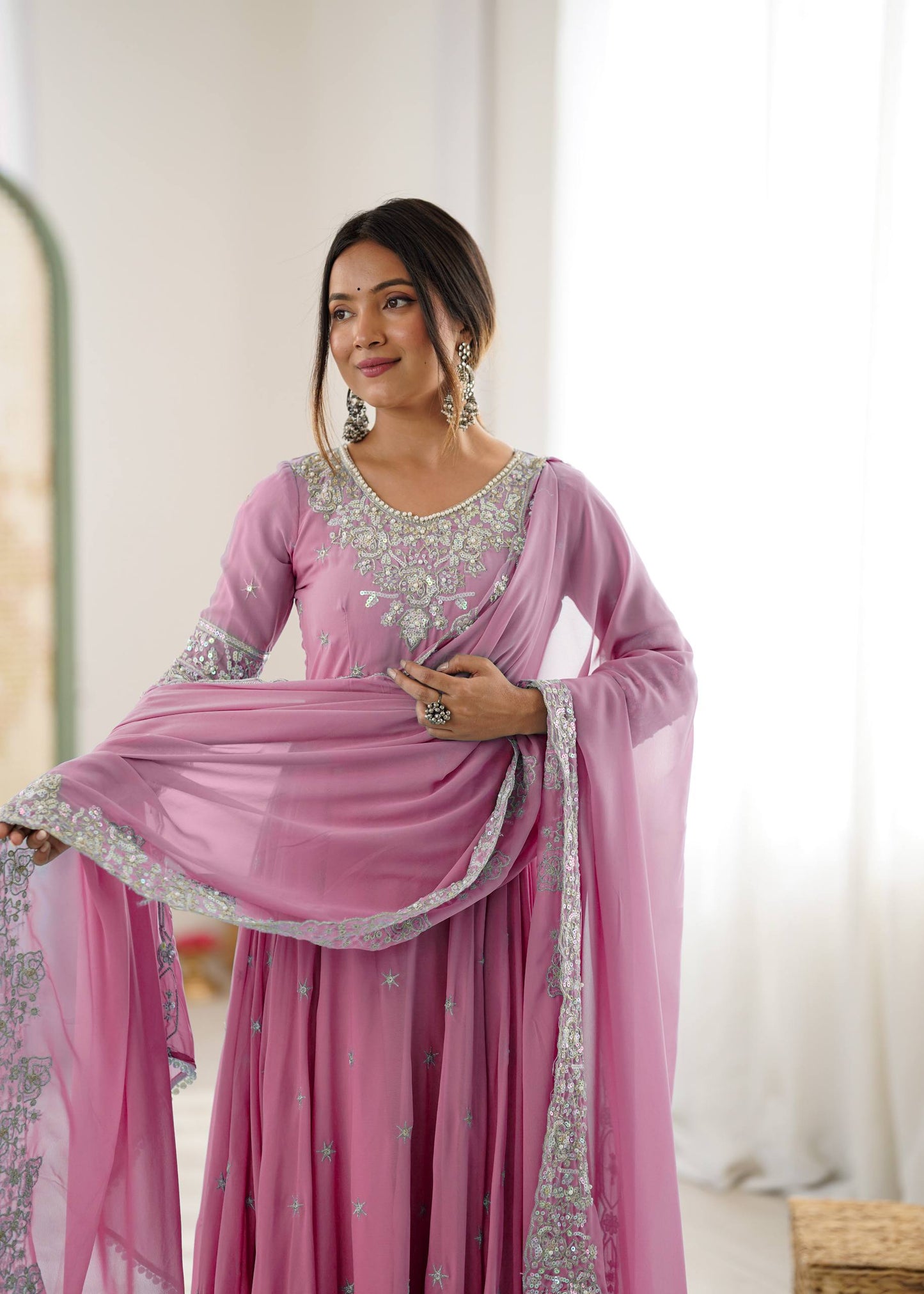 Pink heavy blooming faux embroidered anarkali three piece set
