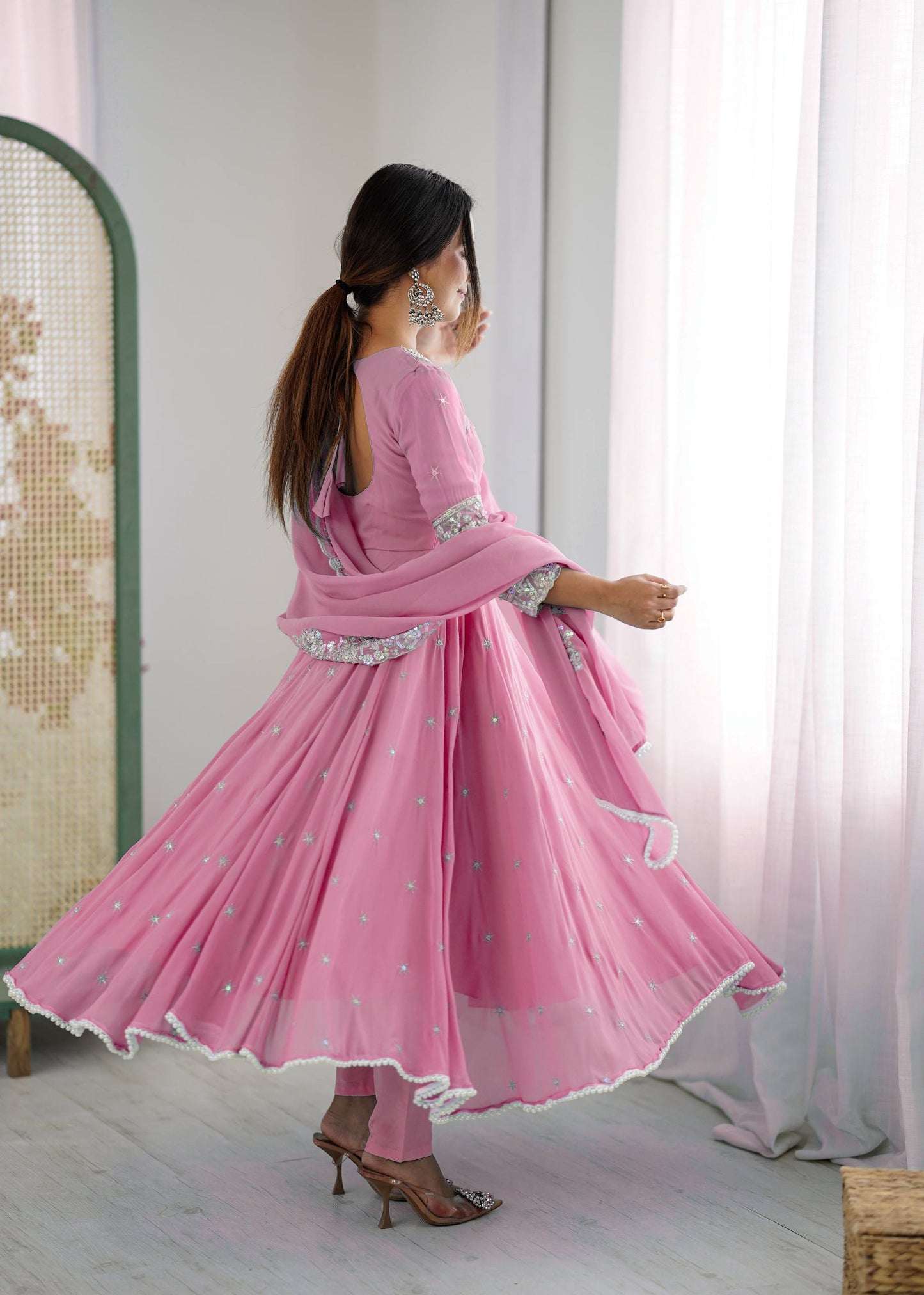 Pink heavy blooming faux embroidered anarkali three piece set
