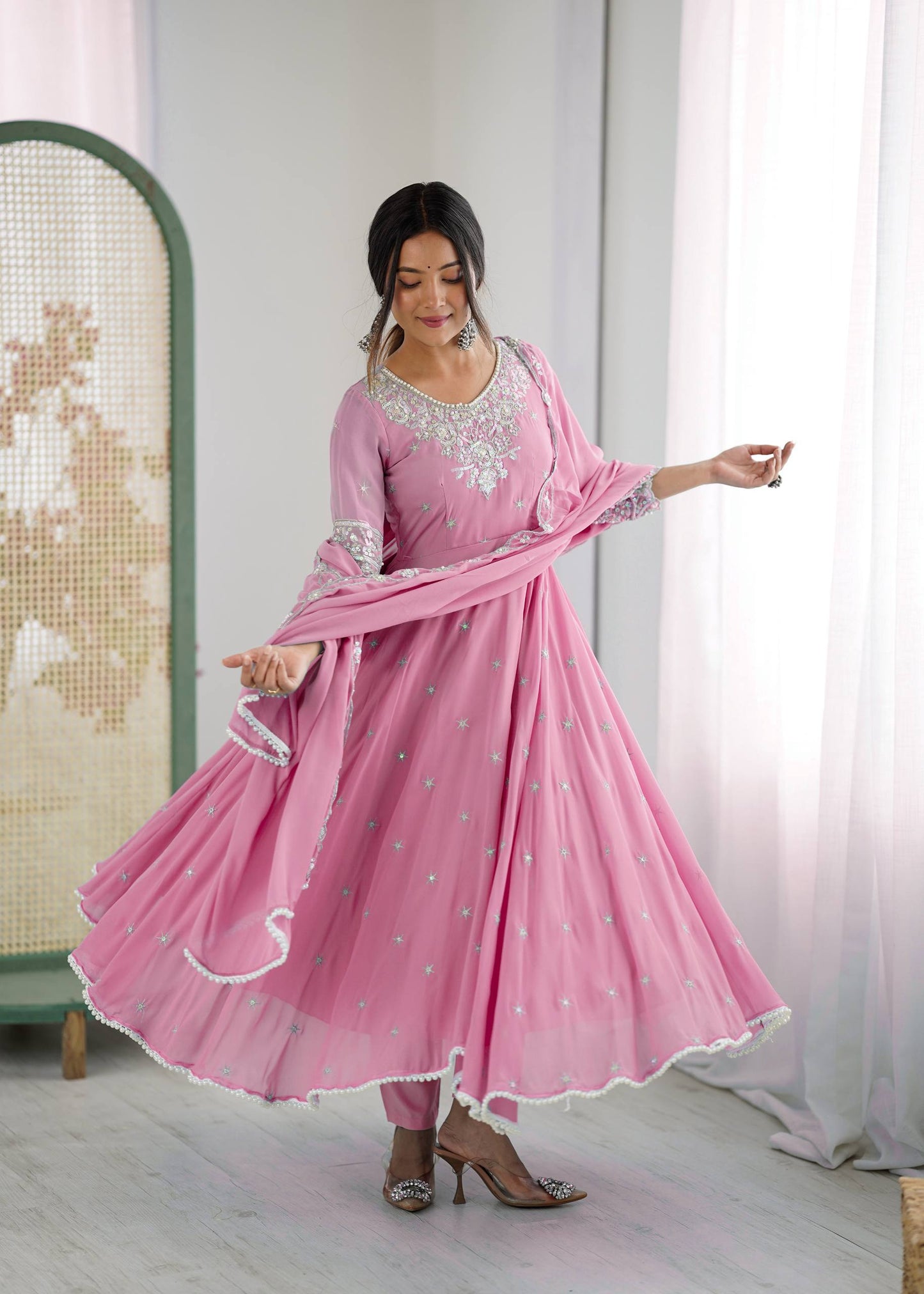 Pink heavy blooming faux embroidered anarkali three piece set