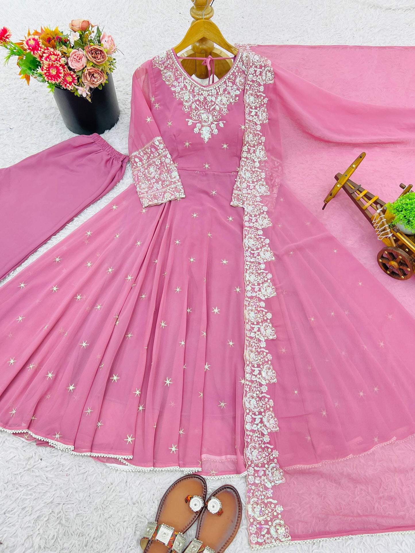 Pink heavy blooming faux embroidered anarkali three piece set