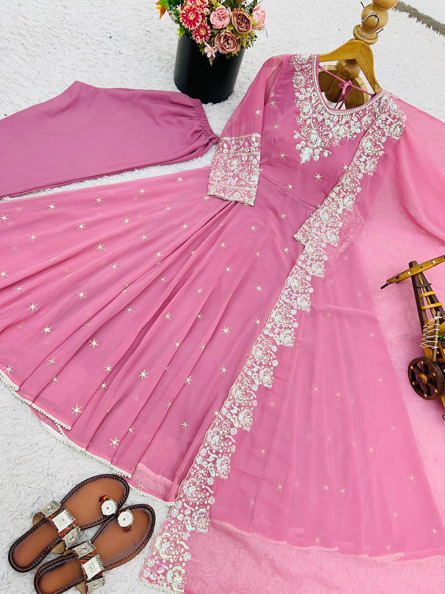 Pink heavy blooming faux embroidered anarkali three piece set